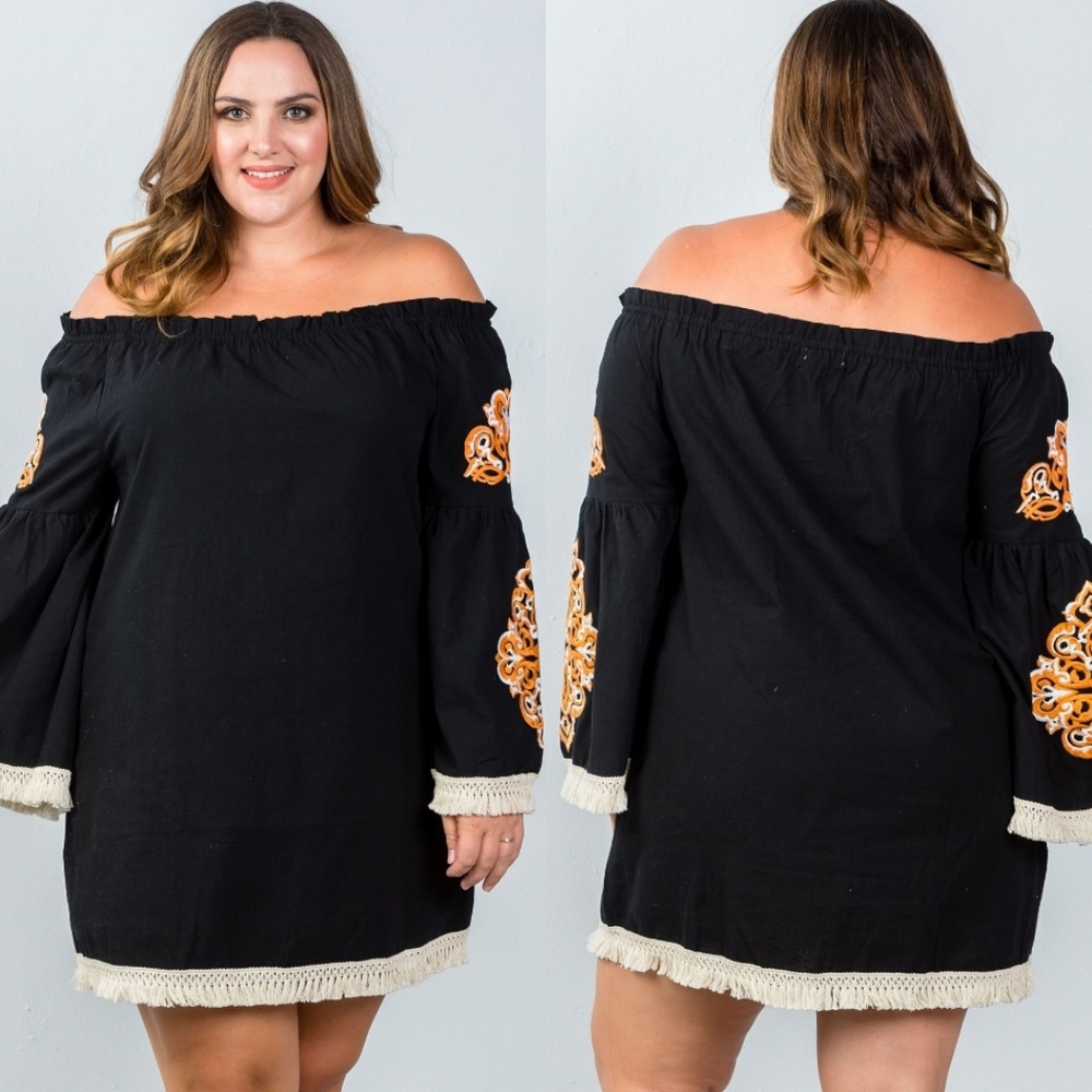 🍁PLUS Black Boho Off Shoulder Tunic Top Dress